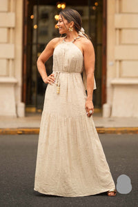 Vestido Midi Brordado Bege kmk